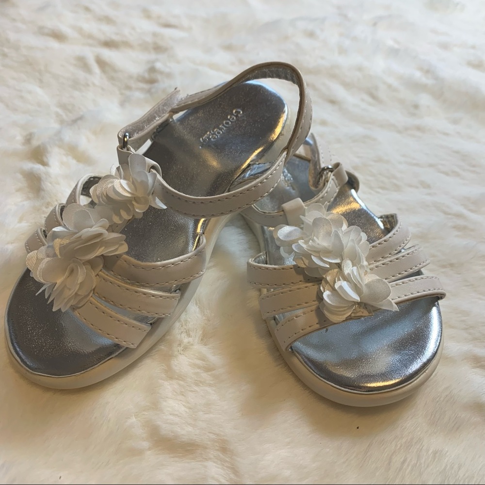 George White Satin Flower Strappy Buckle Sandle for Toodlers Special Occasion